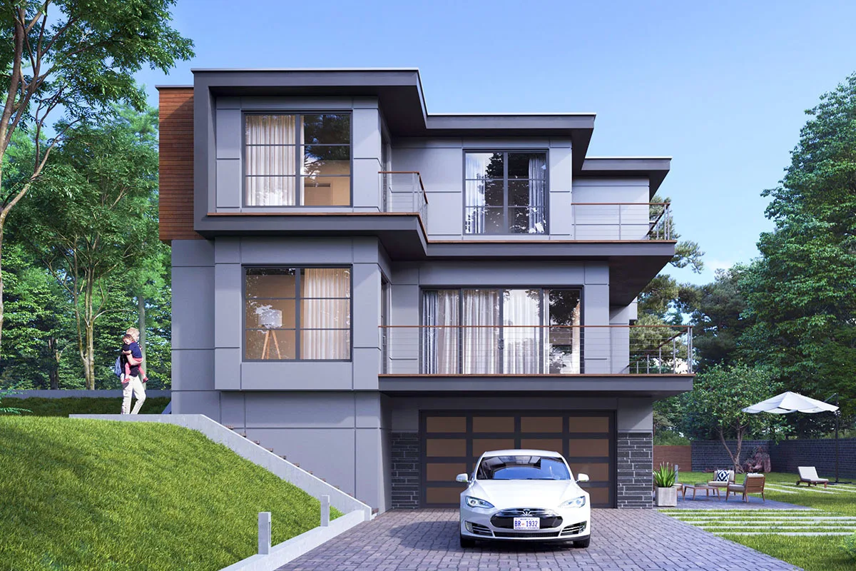The two-car garage is designed with a stone brick driveway.