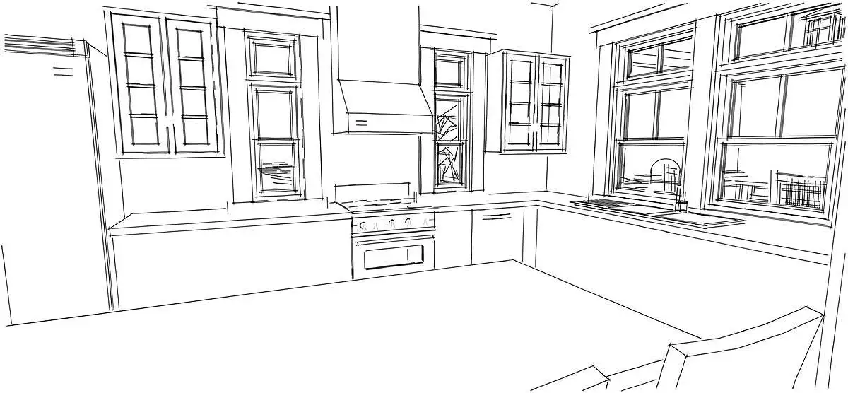 A kitchen sketch with an island in the center.