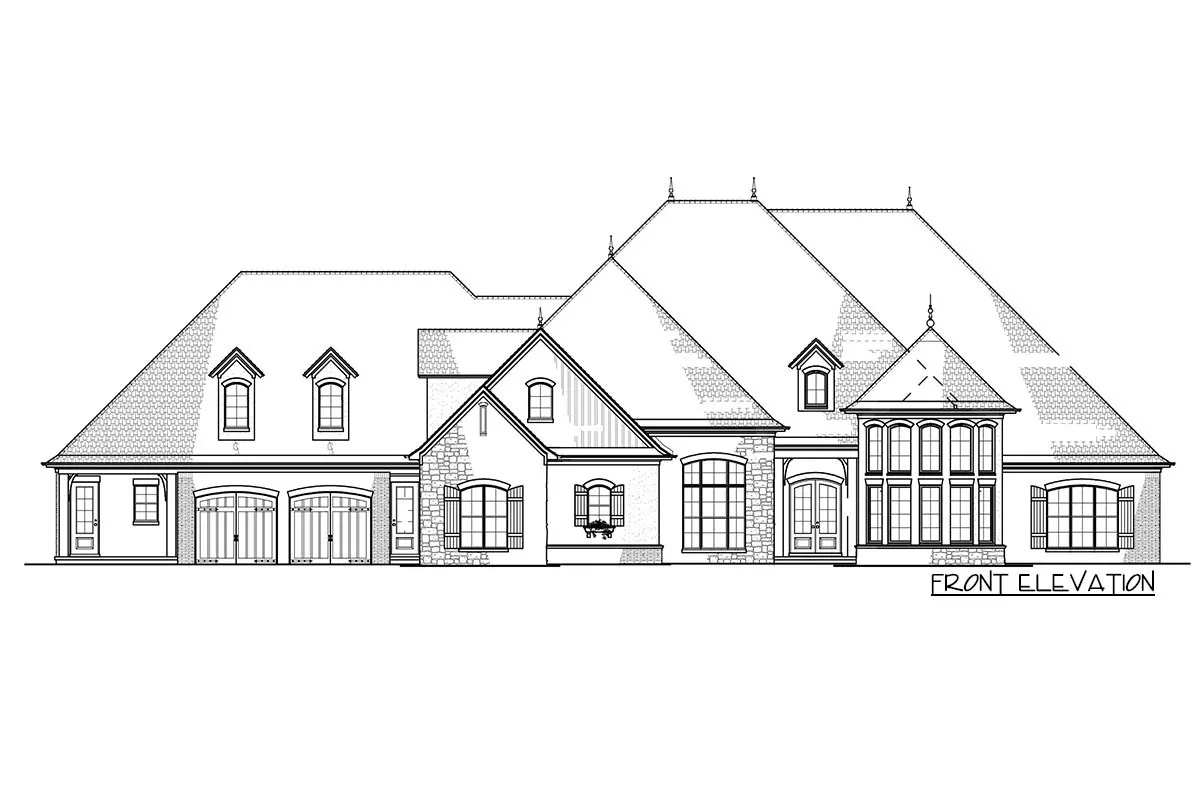 Sketch of the front elevation of the 2-story 5-bedroom luxury French country home.