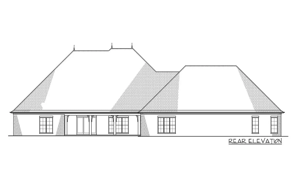 Sketch of the rear elevation of the 2-story 5-bedroom luxury French country home.