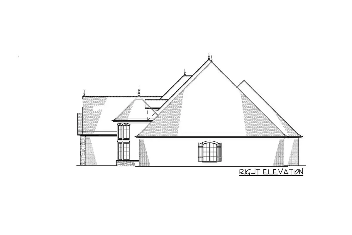 Sketch of the right elevation of the 2-story 5-bedroom luxury French country home.