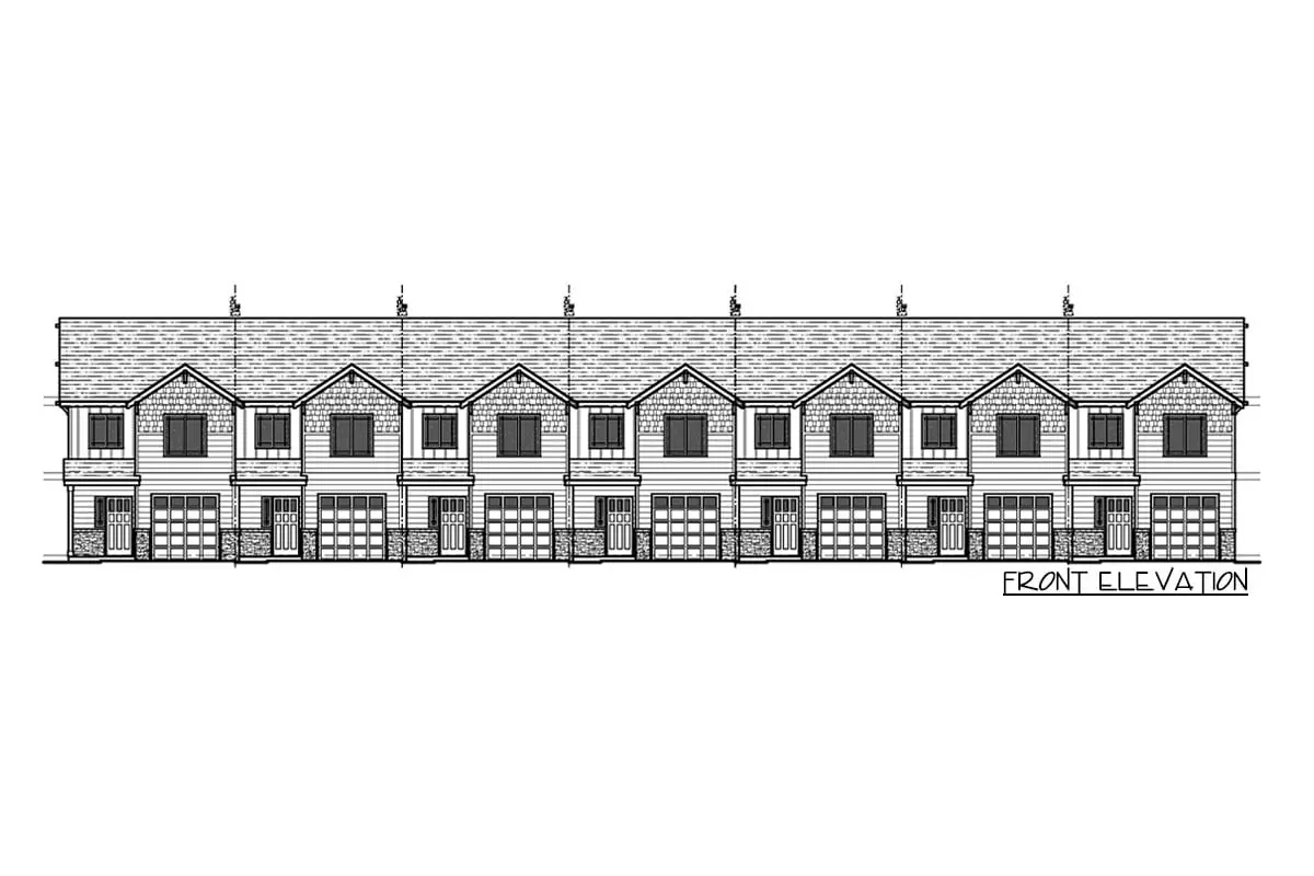Sketch of the front elevation of the 2-story 3-bedroom 7-unit home with different apartments.