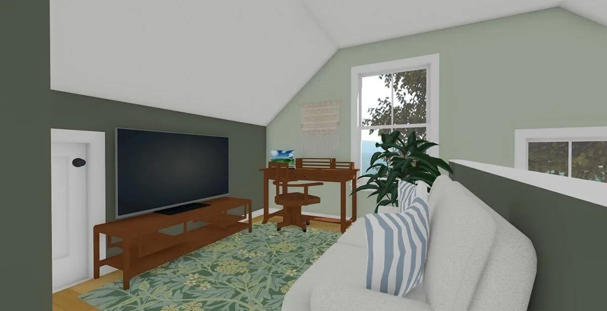 Carpeted loft space with a hint of green interior design, couch, TV, and office table.