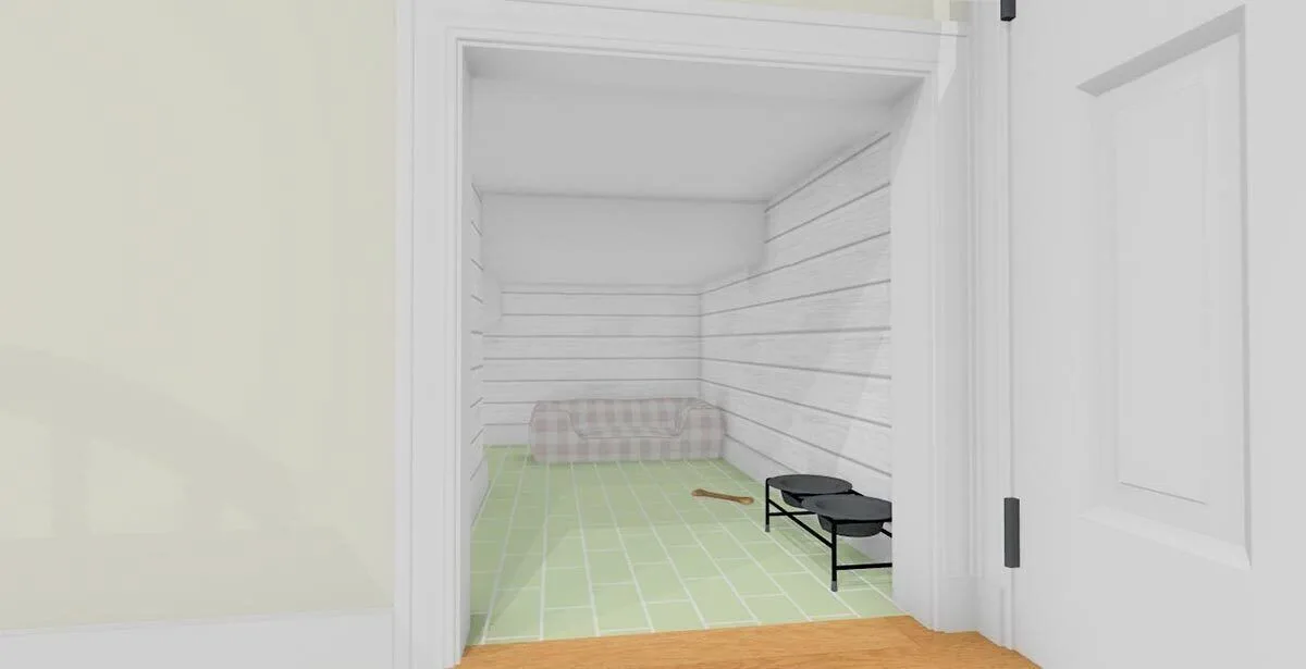 The attic space has a sofa and a green tile floor.