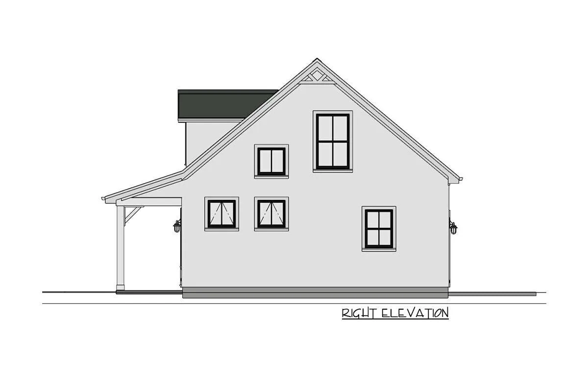 Sketch of the two-story, two-bedroom country farmhouse's right elevation.