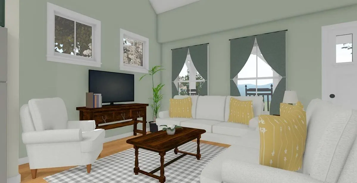 The room with two large windows and dark green drapes looks peaceful with a hint of green wall paint.