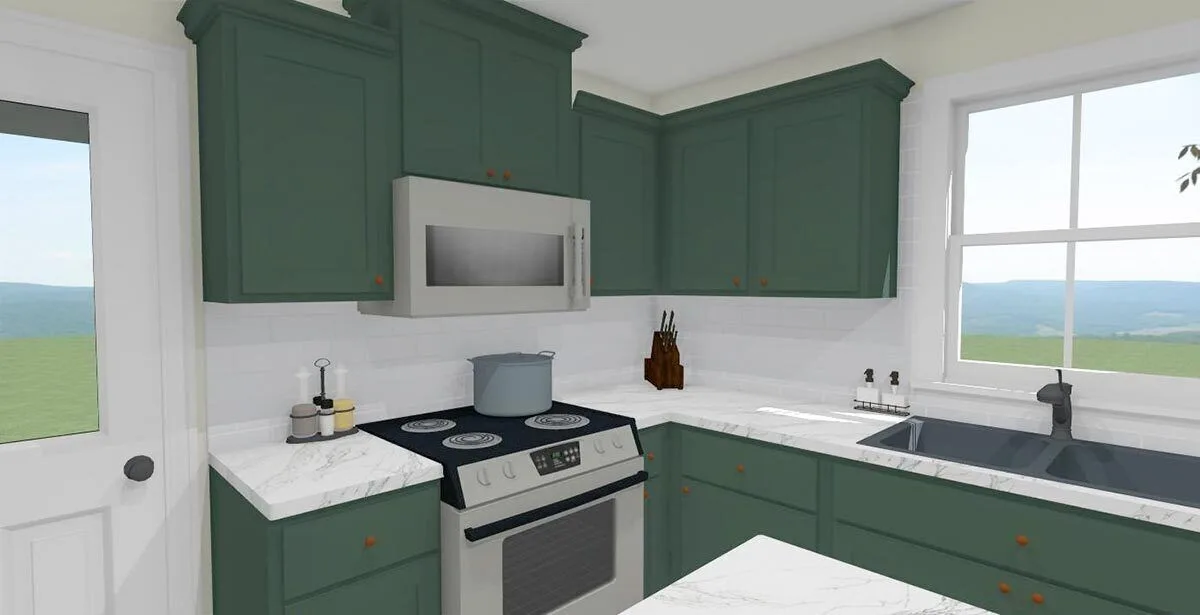 The kitchen area has white counters, backsplash and windows with dark green cabinets and drawers.