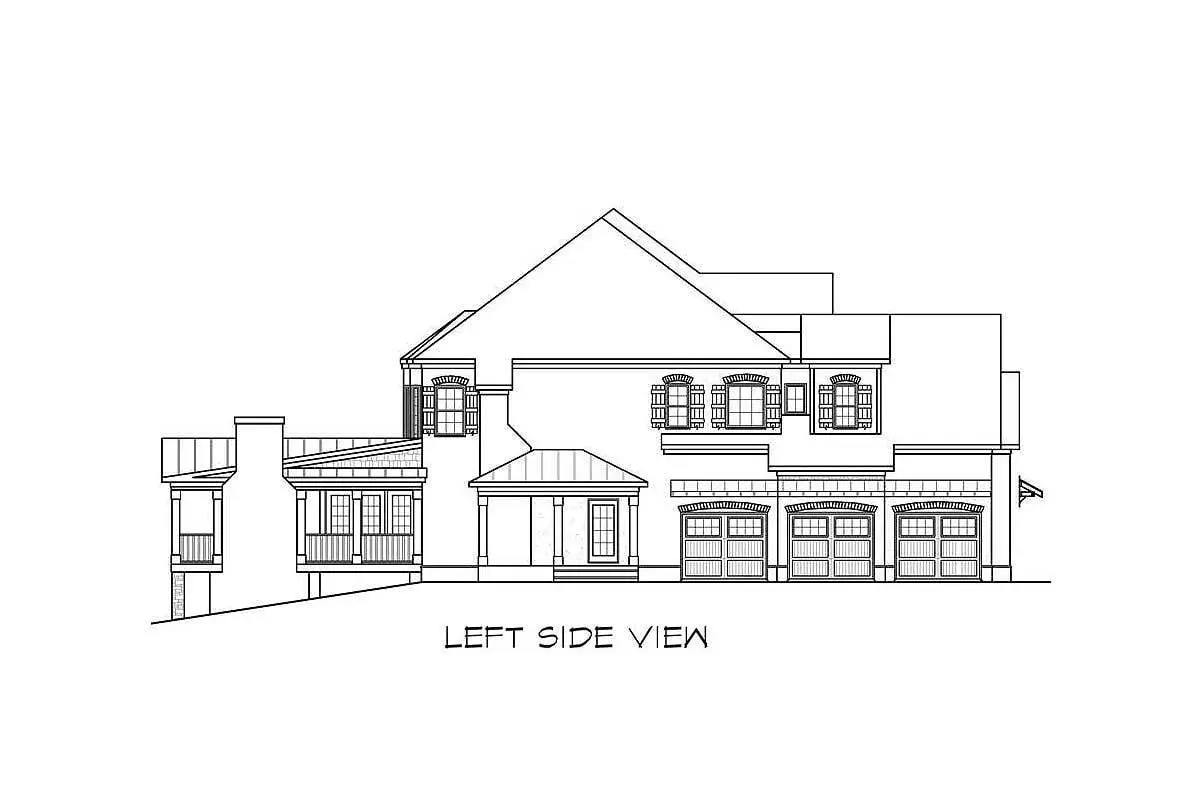 Left elevation of a two-story, five-bedroom European traditional home.