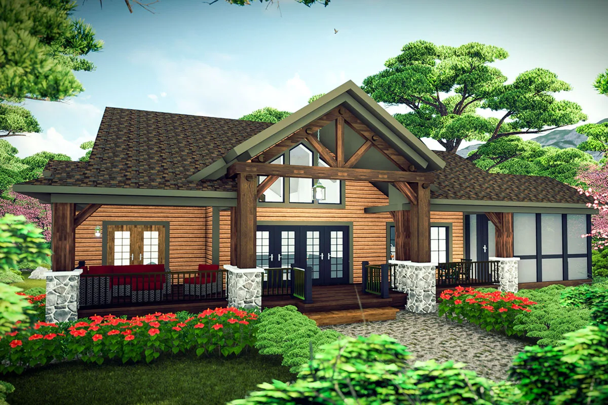 The back of the home features a broad door entry with a rich blue accent paint.