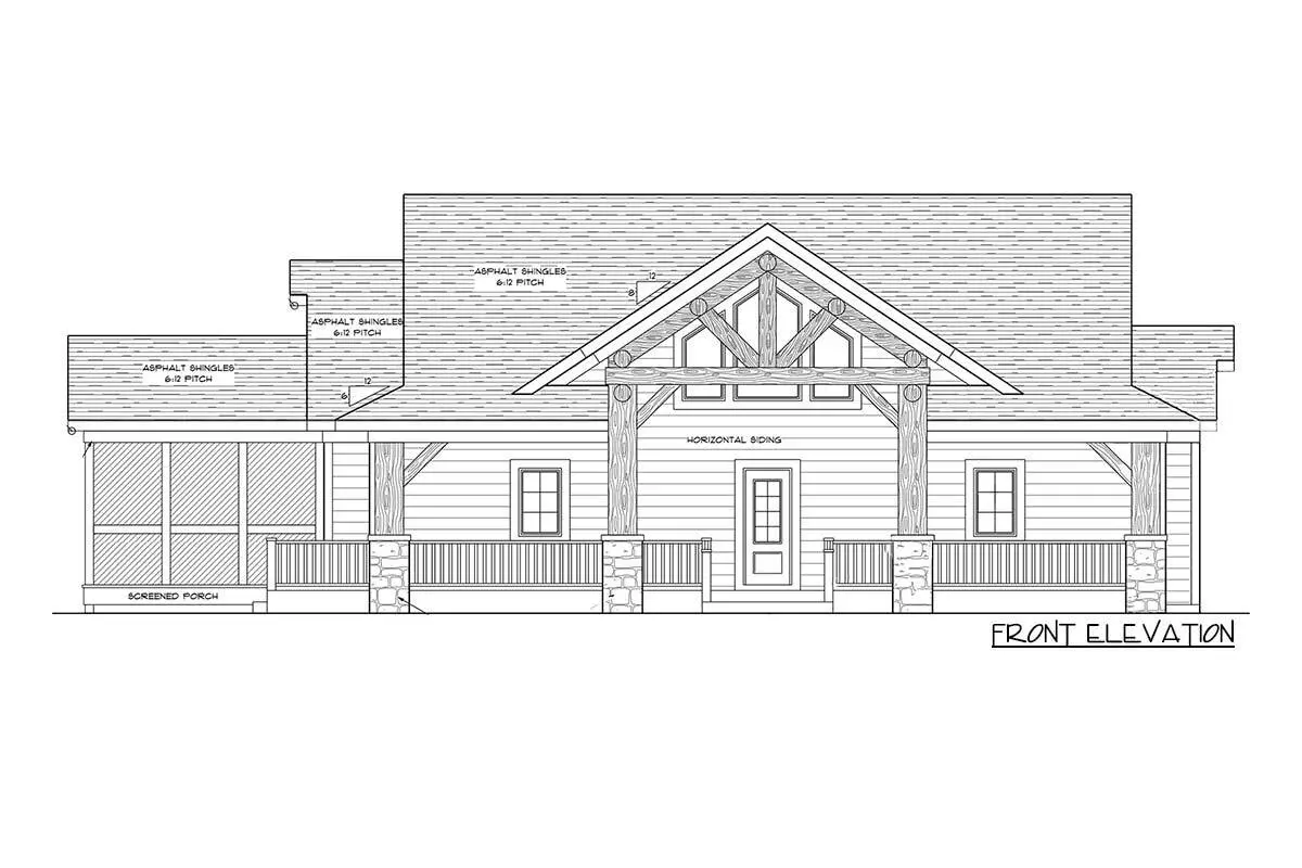 Front elevation drawing of the two-story, three-bedroom mountain cottage.