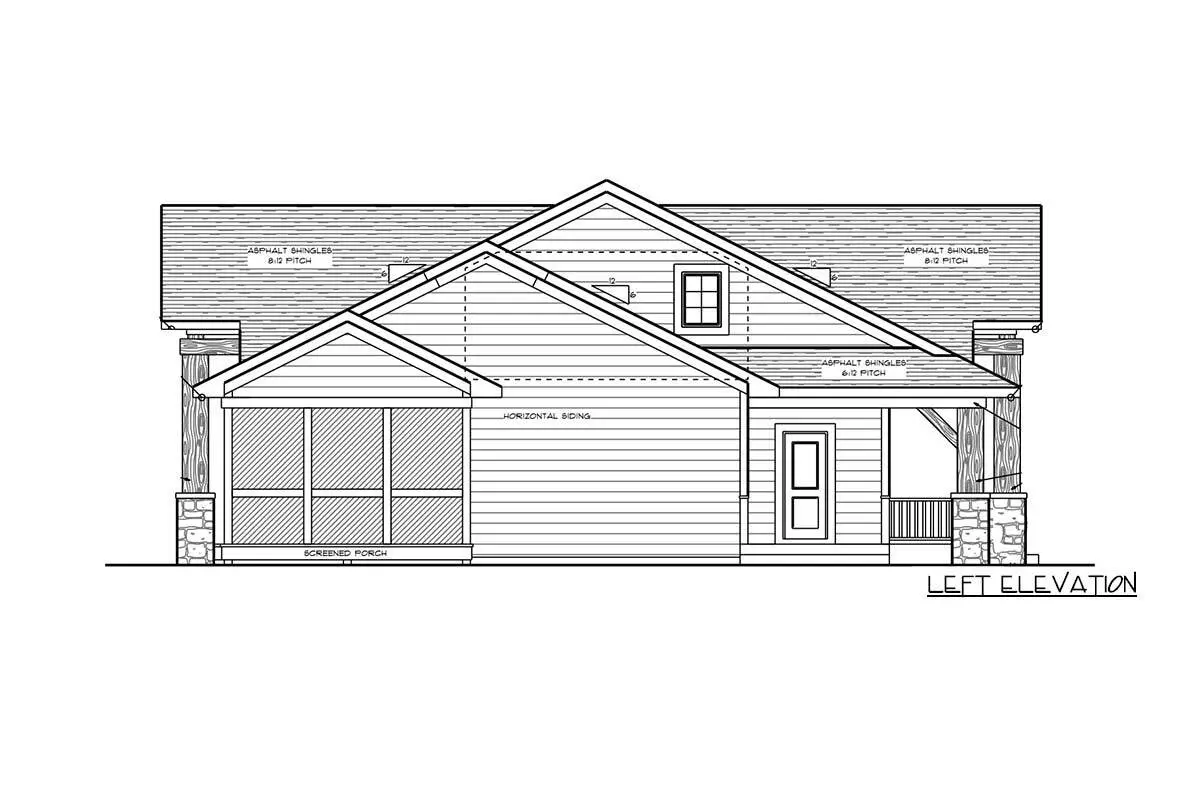 Left elevation drawing of the two-story, three-bedroom mountain cottage.