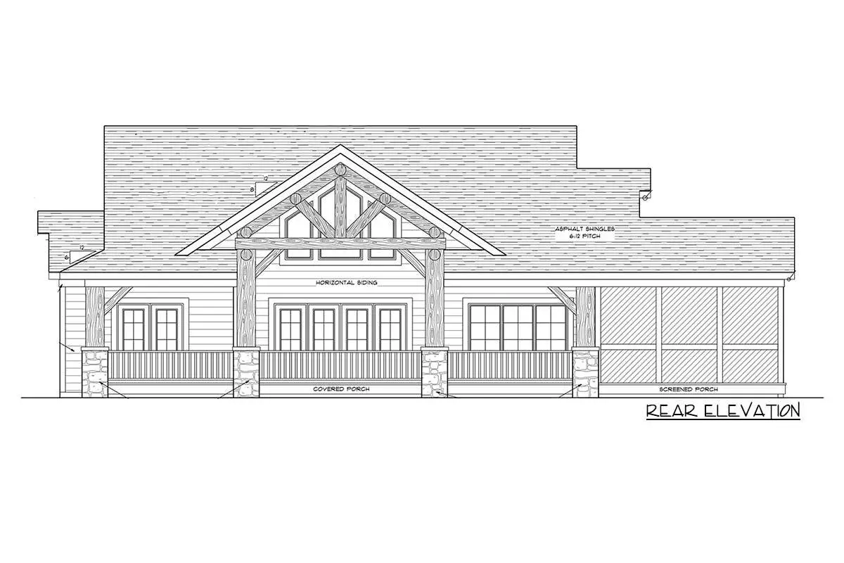 Rear elevation drawing of the two-story, three-bedroom mountain cottage.