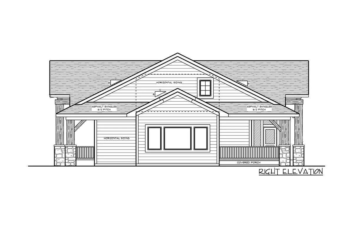 Right elevation drawing of the two-story, three-bedroom mountain cottage.