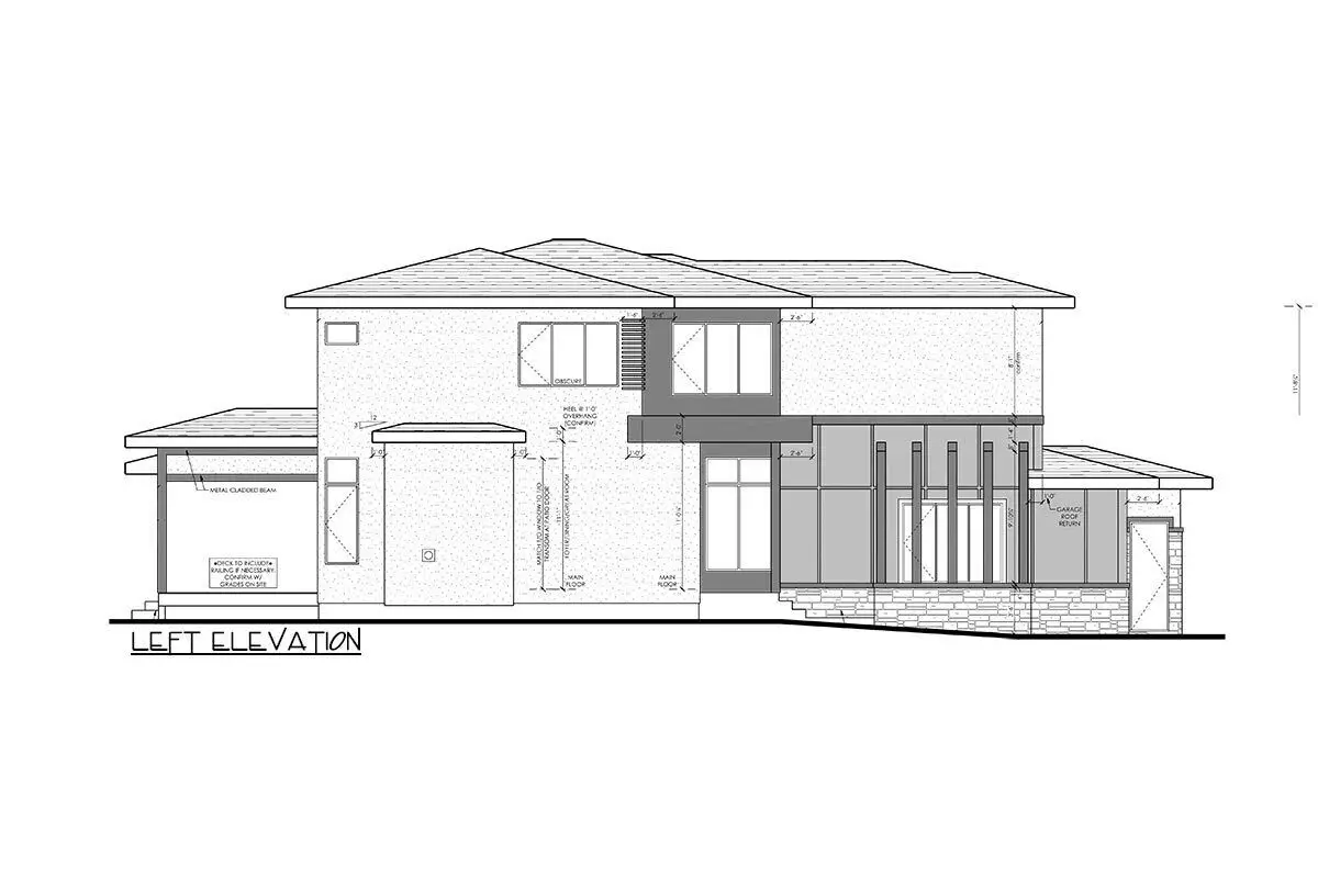 Sketch of the 2-story, 4-bedroom modern home's left elevation.