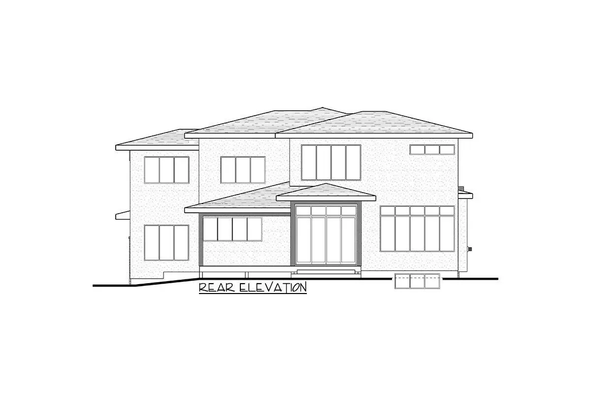 Sketch of the 2-story, 4-bedroom modern home's rear elevation.
