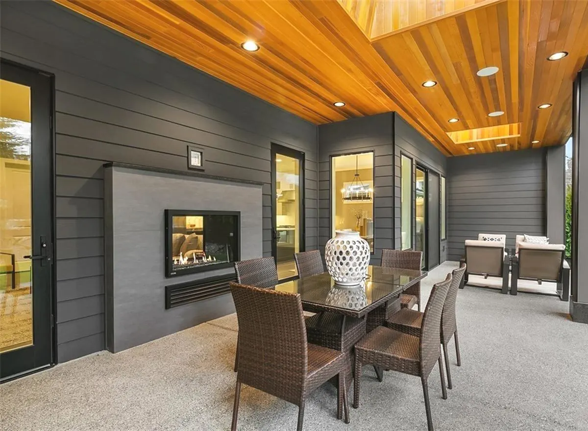 Outdoor living area with a covered fireplace.