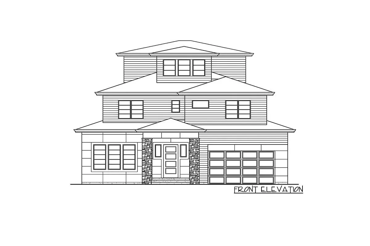 The 2-story 6-bedroom modern prairie house's front elevation drawing.