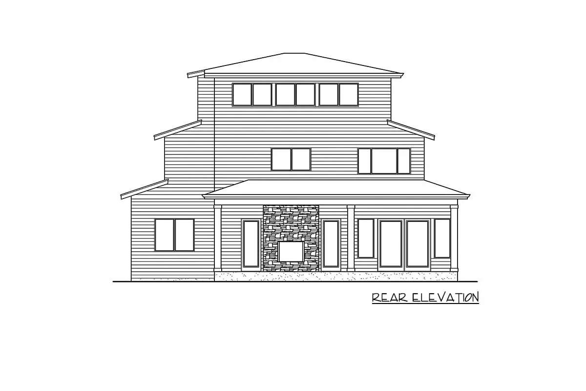 The 2-story 6-bedroom modern prairie house's rear elevation drawing.