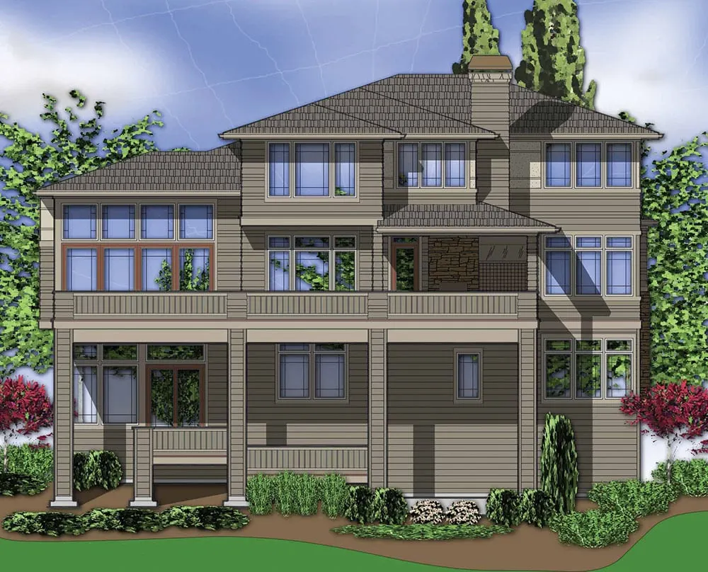 A colored graphic sketch of the back part of the contemporary house.