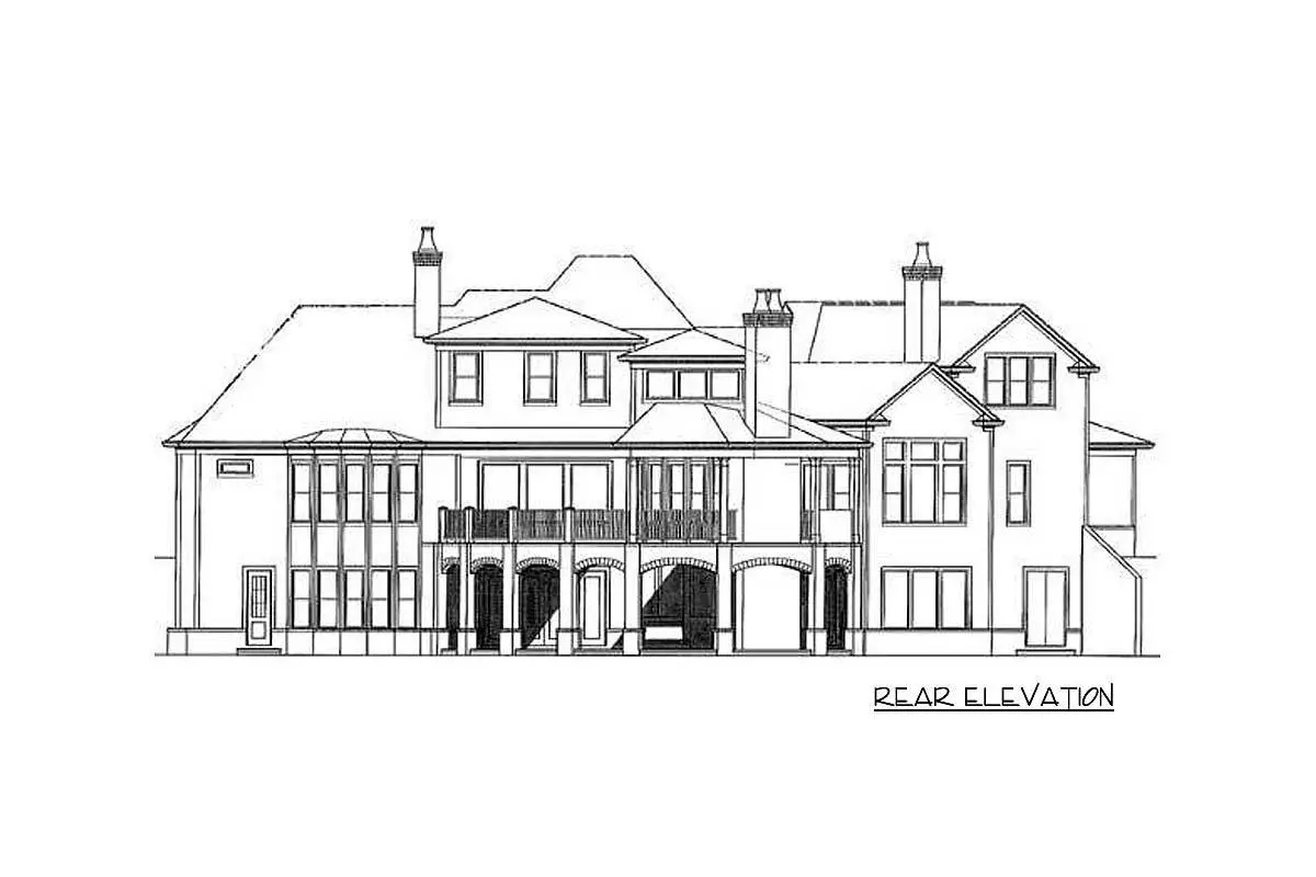 Rear elevation sketch of the 2-story 5-bedroom deluxe mountain craftsman house.