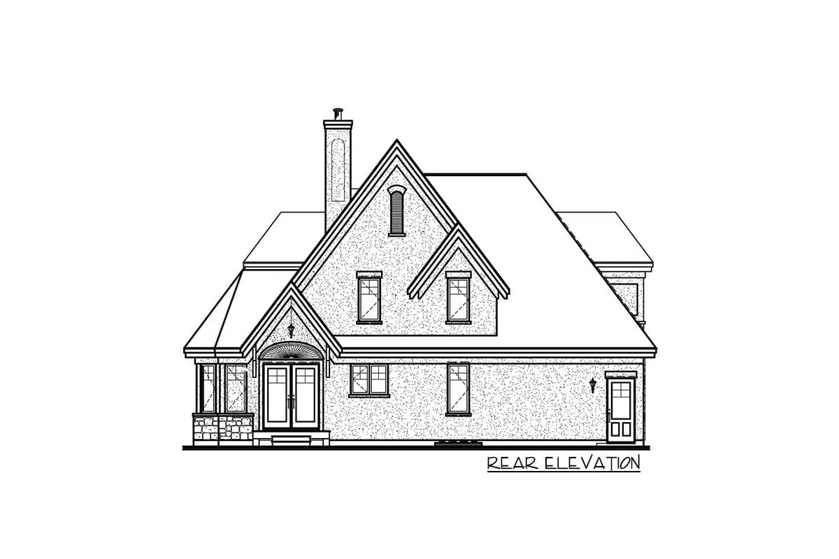 Rear elevation sketch of the 2-story 3-bedroom European design traditional home.