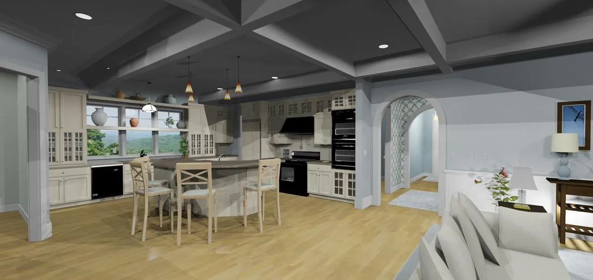 The kitchen features an arched-style island.