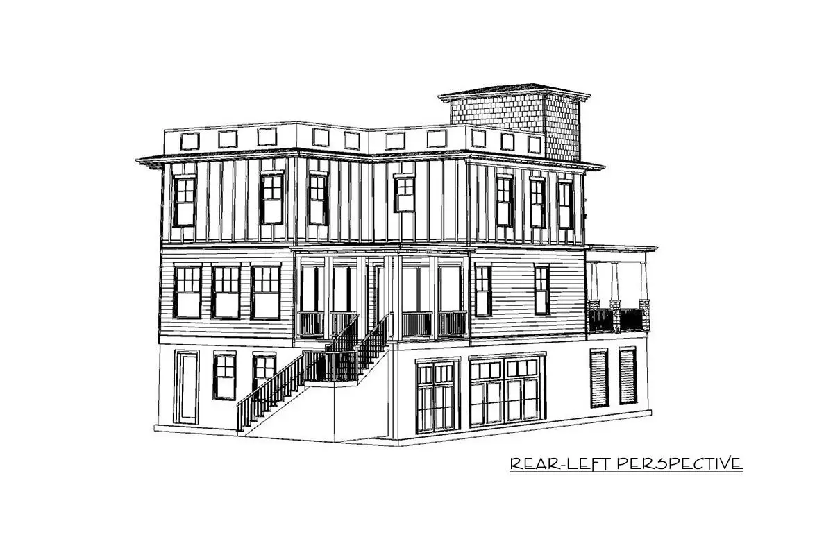 The rear-left perspective of the 3-story 3-bedroom exciting beach house.