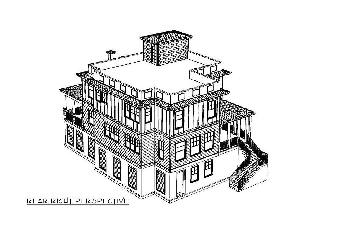 The rear-right perspective of the 3-story 3-bedroom exciting beach house.