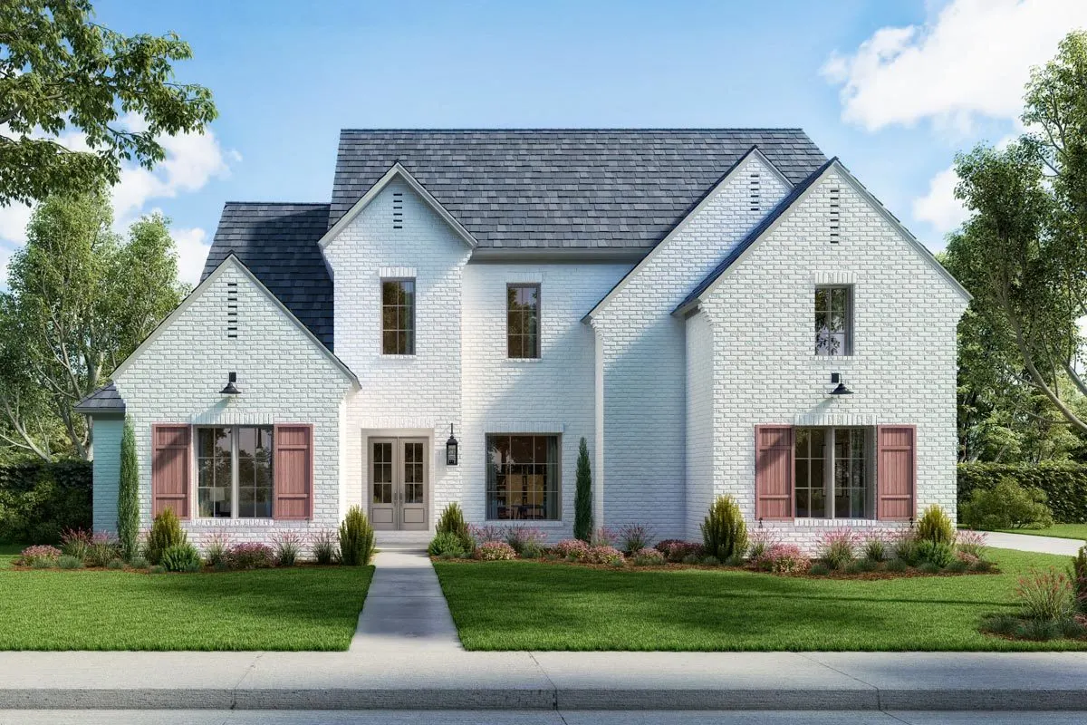 The main entrance is a neutral gray with wood accent window shutters.