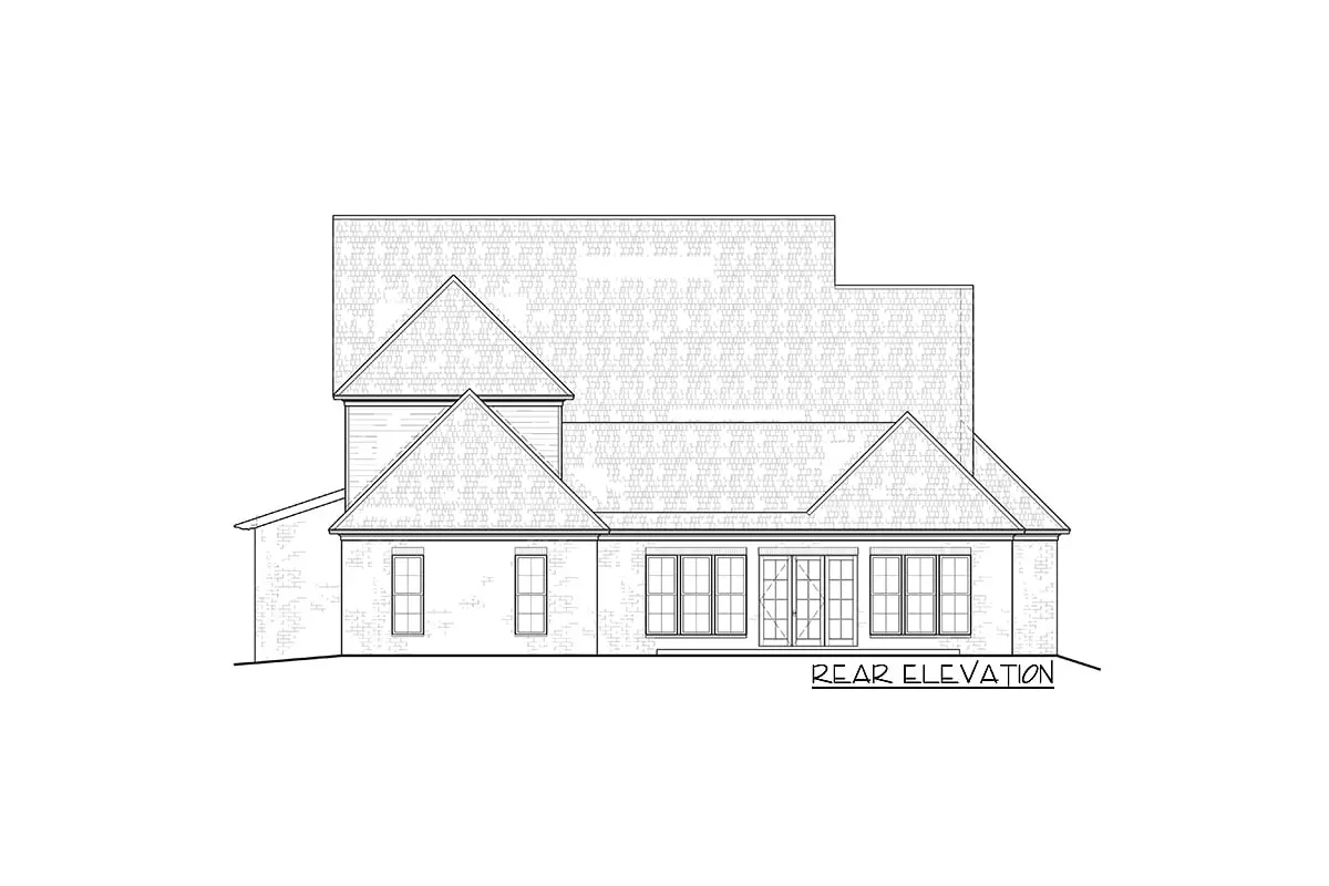 The 2-story 5-bedroom exclusive Acadian house's rear elevation drawing.