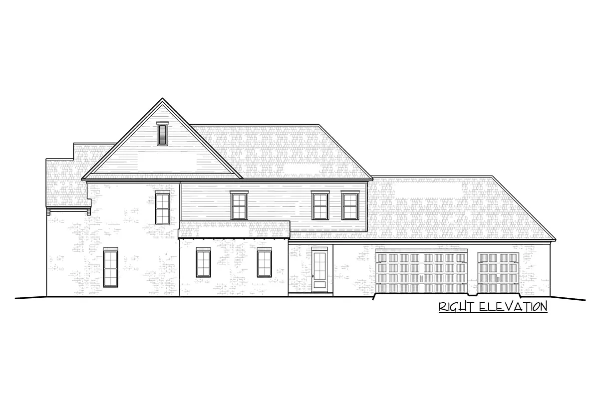 The 2-story 5-bedroom exclusive Acadian house's right elevation drawing.