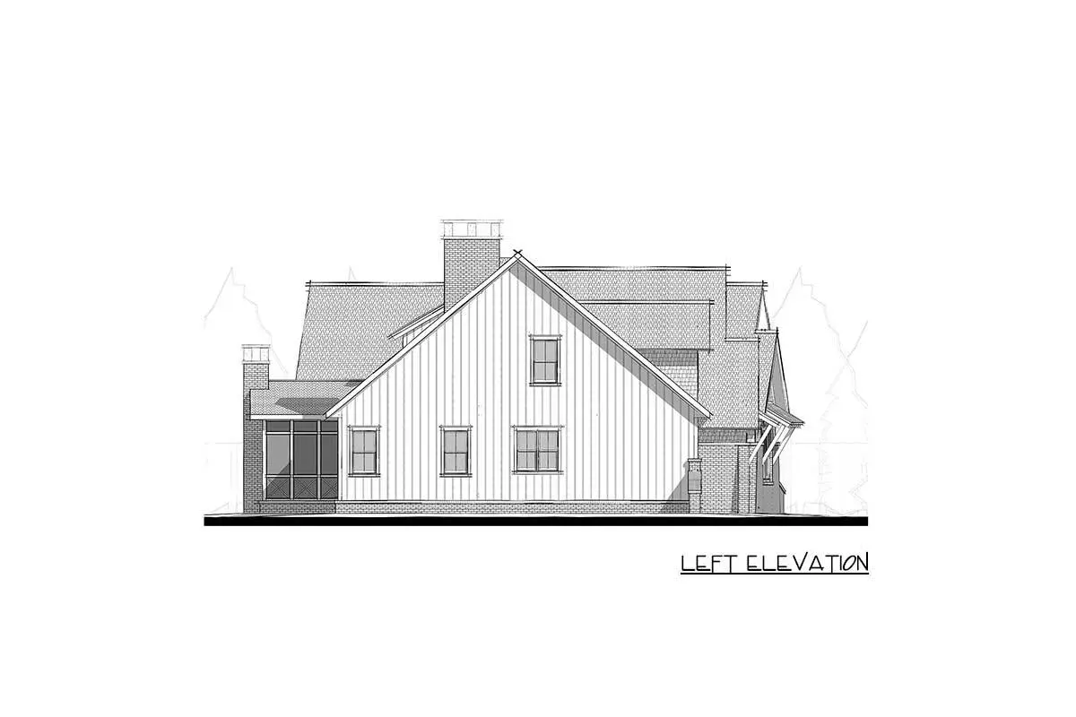 Left elevation sketch of the unique 2-story 5-bedroom modern farmhouse.