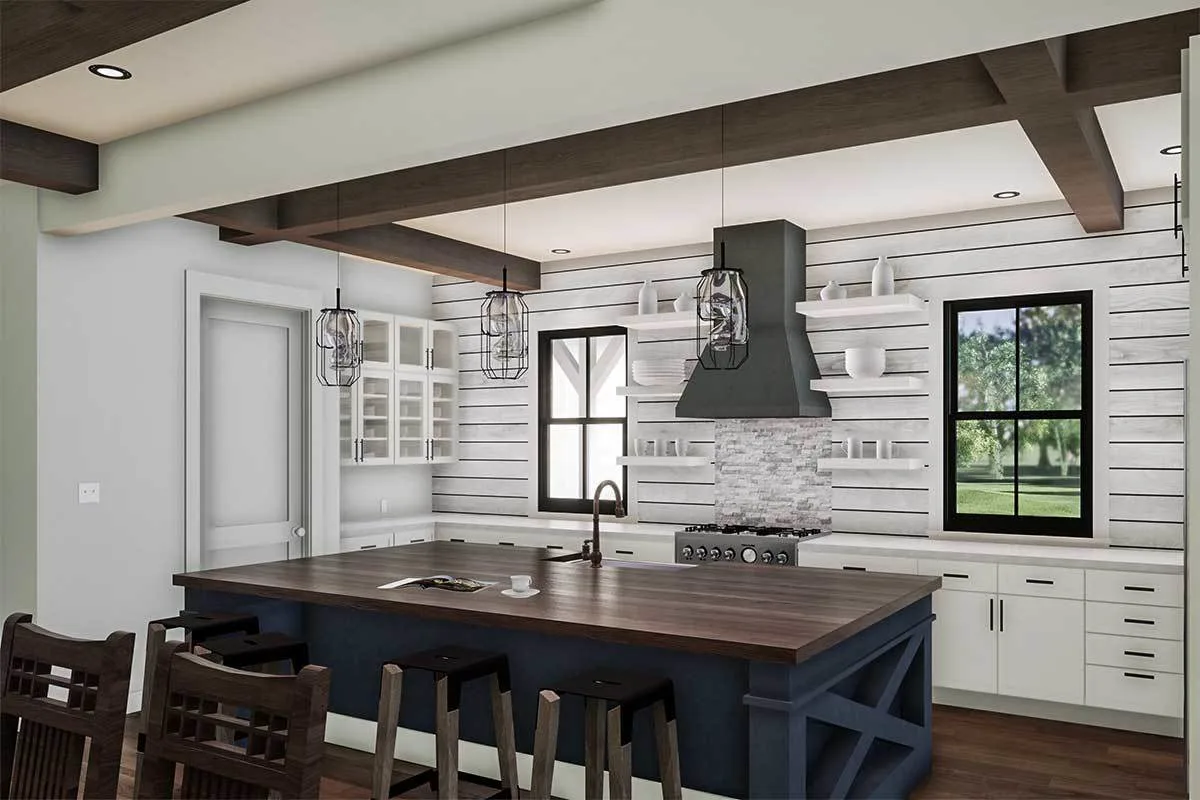 Kitchen area with exposed wood beam ceiling in a rustic interior style.