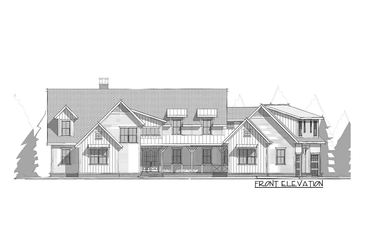 Front elevation drawing of the premium 2-story 5-bedroom New American home.