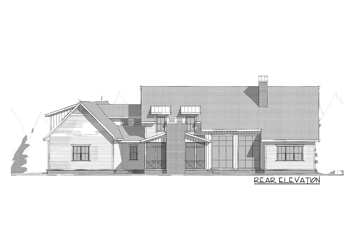 Rear elevation drawing of the premium 2-story 5-bedroom New American home.