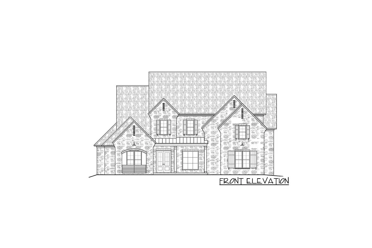 Sketch of the exclusive 5-bedroom, 2-story, brick-clad Acadian home's front elevation.