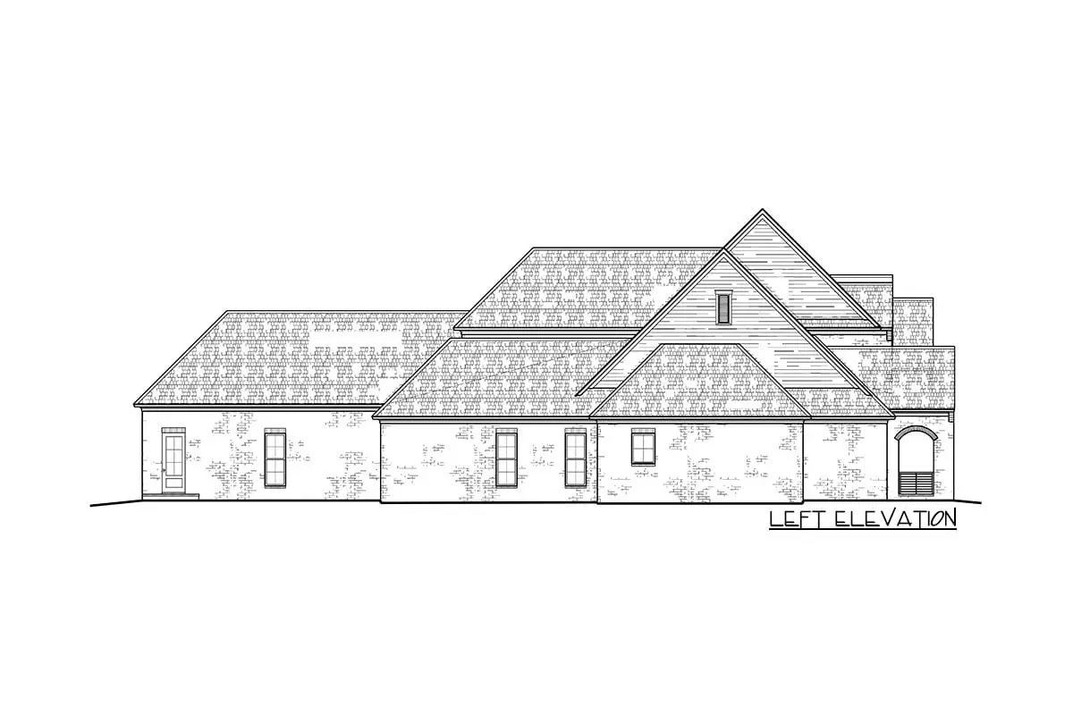 Sketch of the exclusive 5-bedroom, 2-story, brick-clad Acadian home's left elevation.