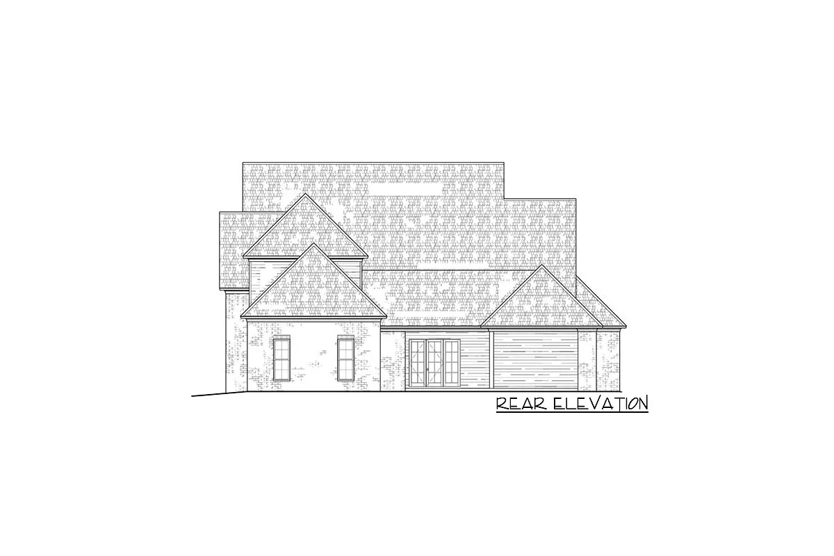 Sketch of the exclusive 5-bedroom, 2-story, brick-clad Acadian home's rear elevation.