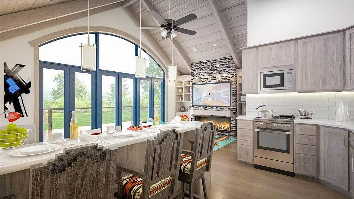 Kitchen with gray wood accents on the ceiling and cabinets.
