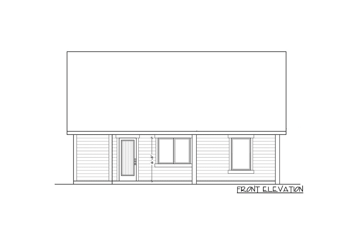 Sketch of the front elevation of the single-story, two-bedroom unique alpine micro house.