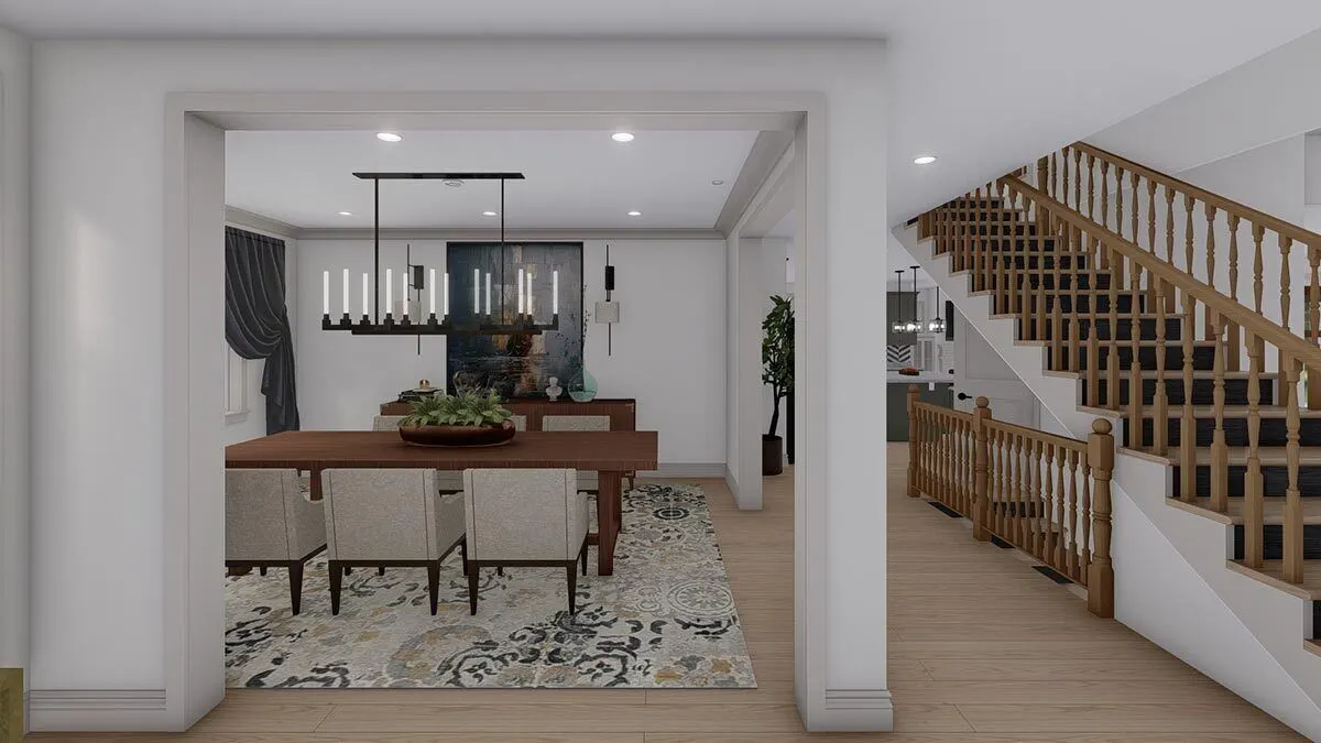 The breakfast nook table set and a linear chandelier overhead flaunt elegance in the area.