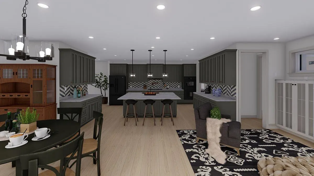The presence of a patterned backsplash inside the kitchen area creates a wonderful aesthetic.
