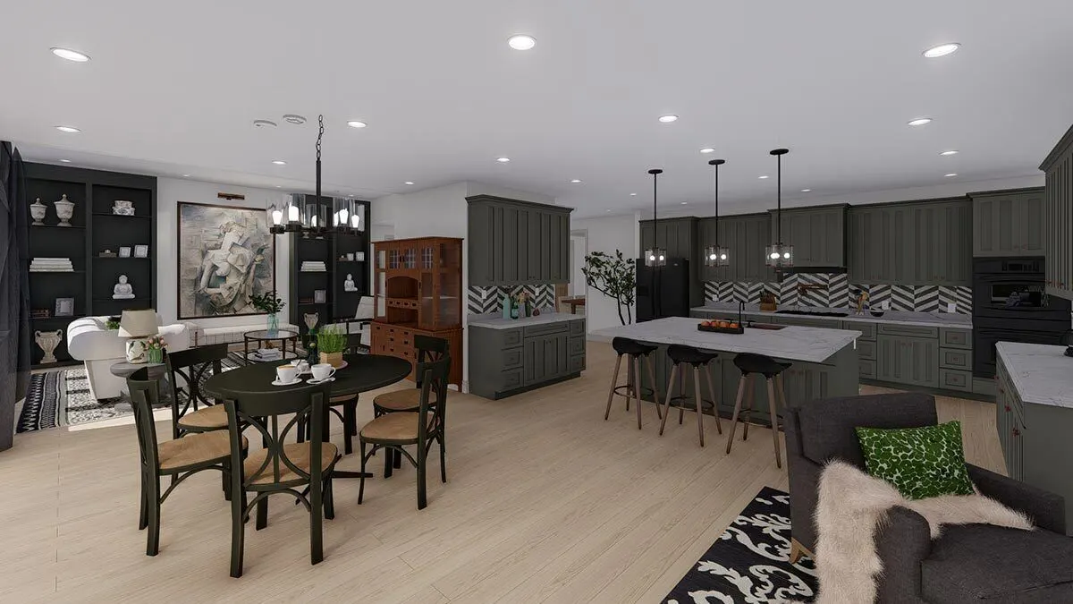 A three-seater center kitchen island with a gray base is featured.