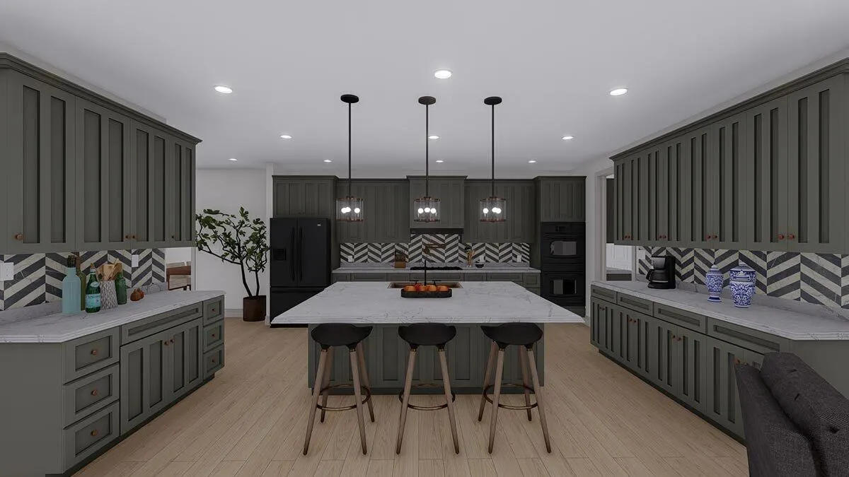 The kitchen features gorgeous cabinets with a gray paint finish.