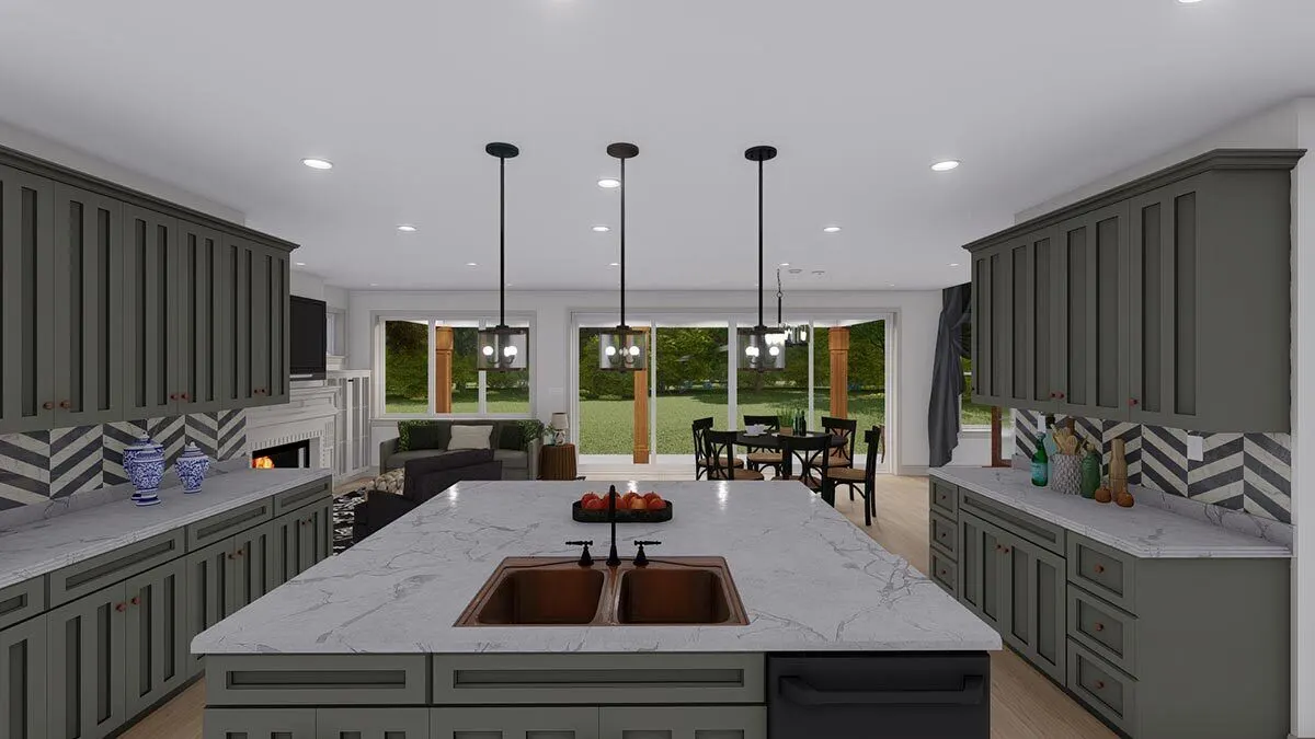 Clarity is improved in the kitchen area by the lighting fixture.