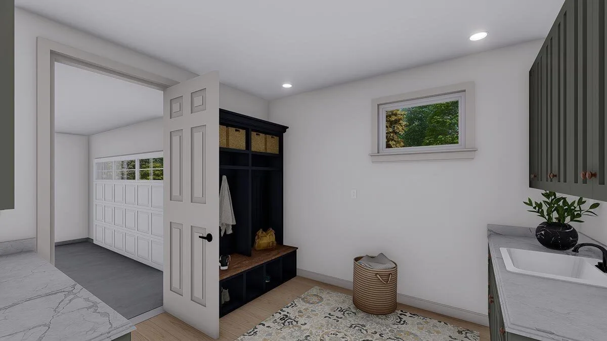 Stylish mudroom area with an indoor plant as décor.