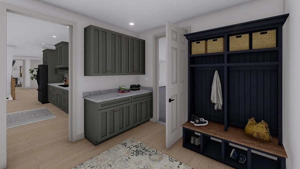 The mudroom locker painted in a dark blue tint.