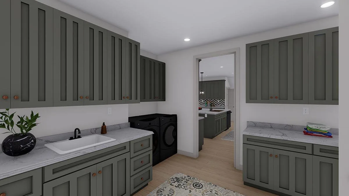 A large and roomy storage cabinet and drawers are located in the laundry room.