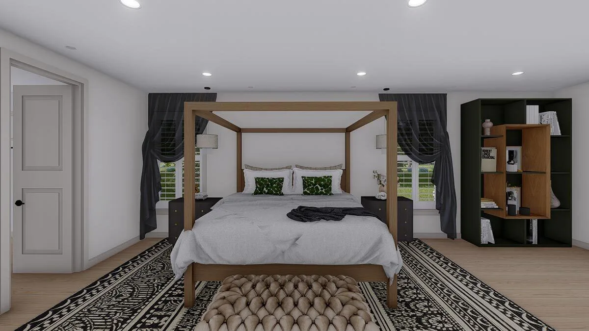 A bench in brown color and a bed in a classic style with a wooden canopy.