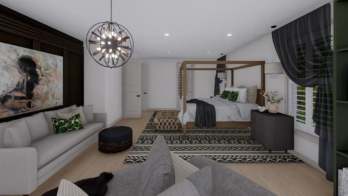 A comfortable bed with furnishings that complement each other well.